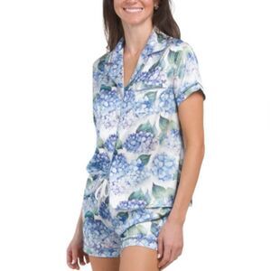 DALIA MACPHEE M Hydrangea Print Notch Collar Button Front Short Sleeve Shorts PJ